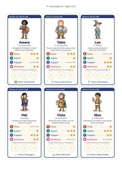 Un foglio di carte del gioco base: sei eroi con i loro talenti