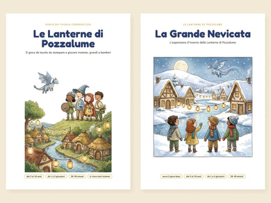 Le copertine del gioco base Le Lanterne di Pozzalume e dell'espansione La Grande Nevicata