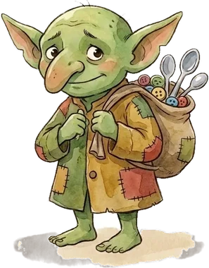 Nasobrontolo, il goblin del Vecchio Mulino, che raccoglie cose luccicanti