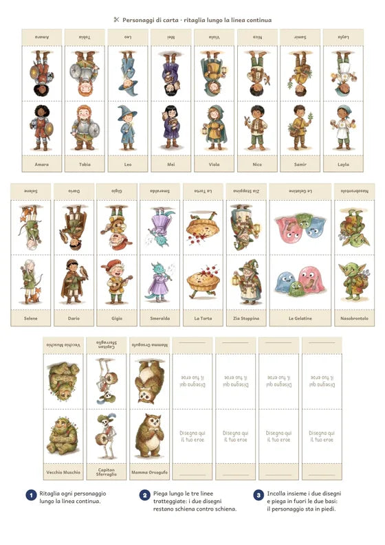 Il foglio dei personaggi di carta da ritagliare, piegare e incollare