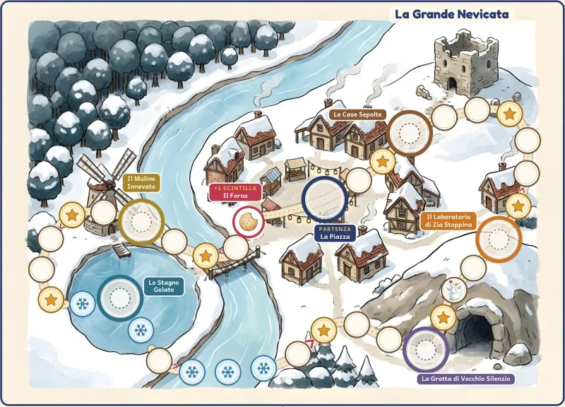 Il tabellone d'inverno: Pozzalume sotto la neve, con le caselle di ghiaccio